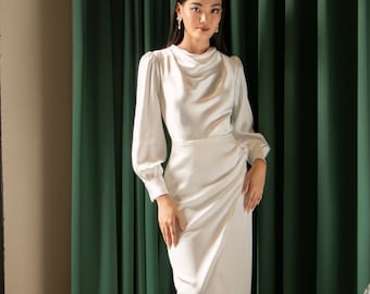 Draped Bishop Long Sleeve Maxi Dress - Empire Waist Silk Dress for Women - Wedding Guest Dress