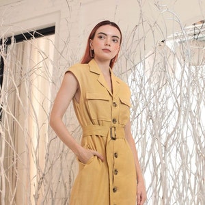 Loose Linen Shirt Dress with Roomy Pockets in Yellow - Sleeveless Linen Dress with Detachable Tie - Belted Linen Midi Dress - Handmade