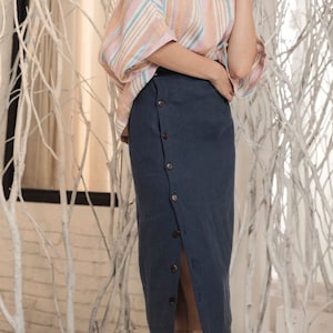 Linen Skirt - High Waisted Linen Skirt - Side Slit Linen Skirt with Buttons - Women Linen Skirt - Women Linen Clothing - Linen Set