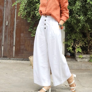 High Waisted Linen Pants - Wide Leg Linen Pants - Women Linen Trousers with Buttons - Linen Cropped Pants - Women Linen Clothing