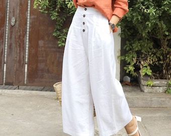 High Waisted Linen Pants - Wide Leg Linen Pants - Women Linen Trousers with Buttons - Linen Cropped Pants - Women Linen Clothing