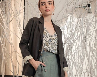Linen 2 Piece Women Suit - Linen Blazer - Linen Suit Jacket - Single Breasted Linen Shirt - Linen Set - Linen Women Suit & Linen Skirt