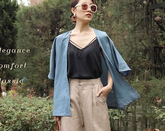 Jaqueta de linho solta - Cardigan de linho de camada única - Blusa de linho grande - Disponível em 30 cores