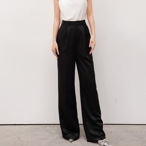 Pleated Maxi Silk Pants - High Waisted Silk Pants in Black - Wide Leg Silk Pants - Women Silk Trousers - Women Silk Clothing