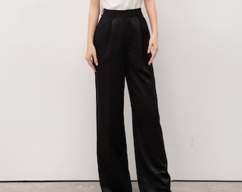 Pleated Maxi Silk Pants - High Waisted Silk Pants in Black - Wide Leg Silk Pants - Women Silk Trousers - Women Silk Clothing