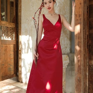 Wedding Guest Maxi A Line Silk Dress - Strappy Silk Midi Dress - V Neck Casual Dress