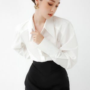 Regular Fit White Hidden Button Shirt Women, Classic Collared Blouse, Balanced Tailored Long Sleeve Top, Elegant Minimal Workwear