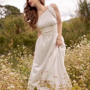 Tie Waist Maxi Dress, Oversize Maxi Dress, Asymmetrical Neck Silk Dress, Sleeveless Floor Length Dress, Wedding Guest Silk Dress