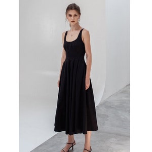 Black Poplin Dress Scoop Neckline - Thick Straps Poplin Dress with Scoop Back - High Waist Poplin Dress with Pockets