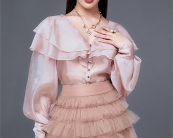 Organza Shirt mit Bischofsärmel - Bürobluse für Frauen - Button Up Shirt Frauen