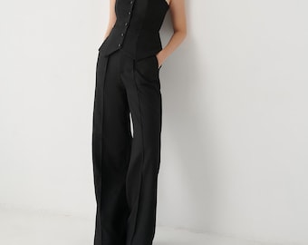 Linnen broek met wijde pijpen - Zwarte casual loszittende broek - Oversized broek met rechte pijpen - Grote maten broek linnen - Linnenset