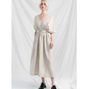 Women Linen Dress with Detachable Tie - Elastic Waist Linen Dress with V Neckline and Short Sleeves - Loose Linen Dress with V Back