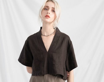 Black Linen Blouse with V Neckline and Half Sleeves - Casual Clothing