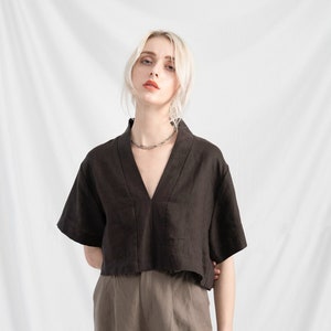 Black Linen Blouse with V Neckline and Half Sleeves - Casual Clothing