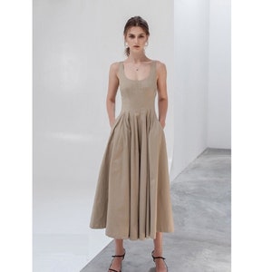 Frauen Popelin Kleid U-Ausschnitt , Dicke Träger Popeline Kleid mit U-Ausschnitt Rücken, Popeline Kleid mit Hoher Taille und Geräumigen Taschen
