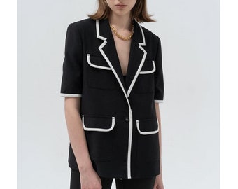 Black Linen Blazer - Half Sleeves Linen Blazer with Notched Lapel - Contrast Color Linen Blazer
