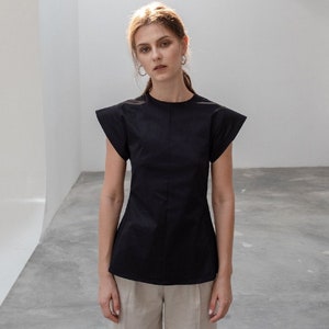 Black Linen Blouse with Short Sleeves and Crew Neckline - Casual Clothing