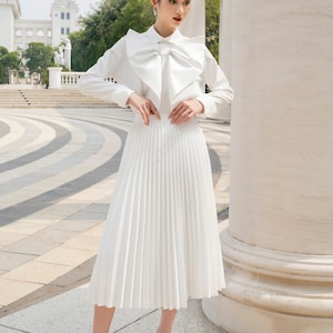 Pleated Office Silk Skirt for Women - High Waist Silk Skirt - Simple Midi A Line Skirt - White Silk Midi Skirt
