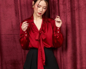 Bow-tie Neck Silk Blouse in Red | Womens silk blouses, Blouse, Silk shirt outfit