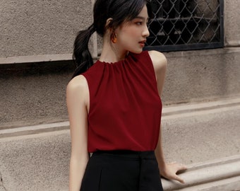 Pleated Silk Top in Red - Sleeveless Top for Women / Tank Top
