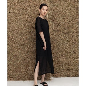 Sheer Maxi Dress & Slip Dress - Boat Neck Shift Dress Cami Dress - Half Sleeves Dress with Side Slit