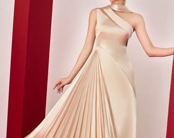 One Shoulder Silk Dress - Party Silk Dress - Evening Silk Midi Dress - Pleated Beautiful Silk Midi Dress - A Line Silk Dresses