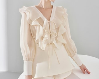 Ruffle Organza Shirt with Bishop Long Sleeves - Summer Organza Blouse - Outfit Blouse for Women - Vintage Blouse for Women - Women's Top