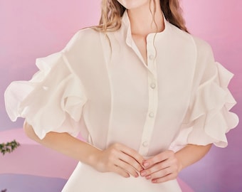 Ruffle Organza Shirt with Buttons Down - Summer Organza Blouse - Vintage Blouse for Women - Office Shirt for Women - Women's Top