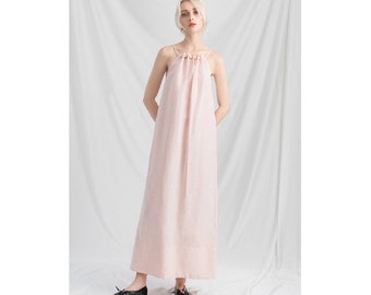 Baby Pink Linen Camisole Dress with Bead Neck - Loose Linen Camisole Dress with Square Neckline