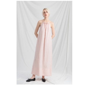 Baby Pink Linen Camisole Dress with Bead Neck - Loose Linen Camisole Dress with Square Neckline