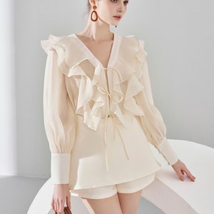 Ruffle Organza Shirt with Bishop Long Sleeves - Summer Organza Blouse - Outfit Blouse for Women - Vintage Blouse for Women - Women&#39;s Top