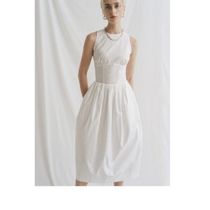 White Poplin Dress with Crew Neckline and Roomy Pockets - High Waist Poplin Dress with Sleeveless