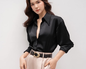 Button Dow Silk Shirt for Women - Bishop Long Sleeve Loose Silk Shirt - Loose Fitting Silk Blouse - Summer Silk Top
