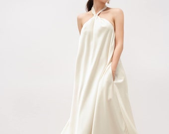 Oversize Maxi Dress with Pockets Side - Open Back Halter Neck Dress with Sleeveless - Wedding Guest Floor Length Dress