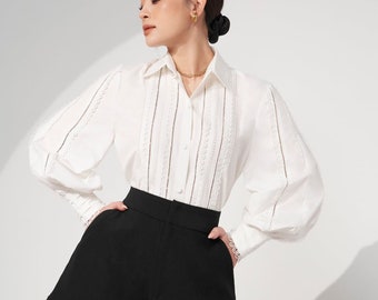 Bishop Sleeves Linen Blouse - Collared Linen Women Work Shirt - Lace Loose Linen Blouse