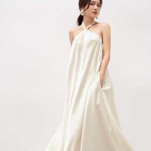 Oversize Maxi Dress with Pockets Side - Open Back Halter Neck Dress with Sleeveless - Wedding Guest Floor Length Dress