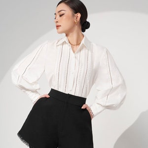 Bishop Sleeves Linen Blouse - Collared Linen Women Work Shirt - Lace Loose Linen Blouse