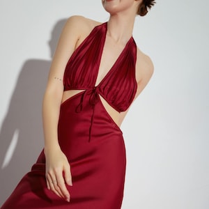 Cut Out Waist Silk Dress - Halter Neck Wedding Guest Maxi Dress with Sleeveless and Deep V neck
