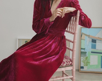 Vestido vintage de terciopelo para mujer, vestido midi, vestido de manga larga, vestido de corte A, vestido largo de invierno con botones, vestido midi para invitada de boda, vestido con vuelo.
