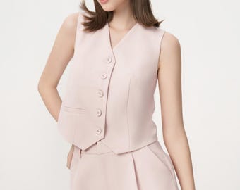 Tailored Linen Vest - Casual Linen Shorts - Linen Set of Two for Women's - Minimalist Suiting Vest