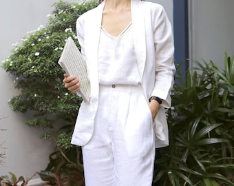 Single Breasted Linen Blazer With Flap Pockets - Linen 2 Piece Women Suit - Linen Suit Jacket - Linen Set - Linen Women Suit & Linen Pants