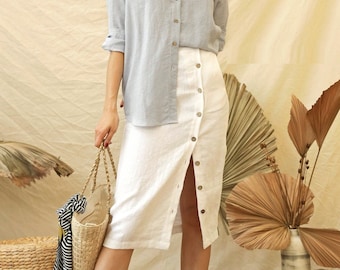 Linen Pencil Skirt with Front Buttons Up - Elastic Back Comfort Waist Skirt in White - Thigh Slit Skirt