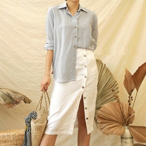 Linen Pencil Skirt with Front Buttons Up - Elastic Back Comfort Waist Skirt in White - Thigh Slit Skirt