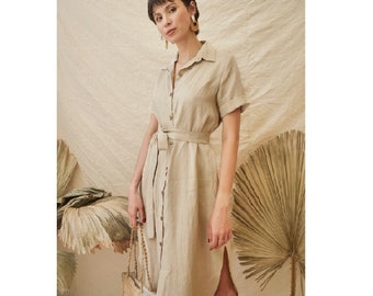 Linen Shirt Dress - Linen Dress with Detachable Tie  - Linen Midi Dress - Front Buttons Dress