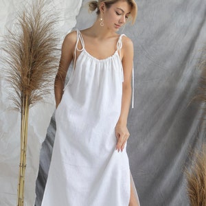 Oversized Spaghetti Strap Linen Dress with Side Slit - Loose Linen Slip Dress Pockets - Self Tie Shouder Linen Dress - Linen Strappy Dress