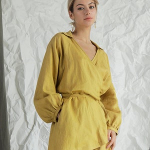 Oversize Linen Blouse - Long Sleeve Loose Linen Shirt - Wrap Linen Top with Bishop Sleeves - Front Tie Waist V Neck Top with Balloon Sleeves