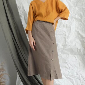 A-line Linen Skirt with Side Slit - Button Up Linen Skirt