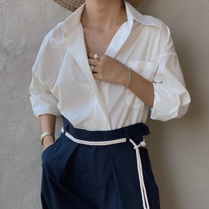 Off White Cotton Shirt with Long Sleeves and Front Pockets - Women Cotton Shirt with Cuff Sleeves