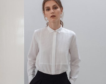 Pleated Linen Shirt with Long Sleeves and Collar Neckline - White Linen Shirt with Cuff Sleeves