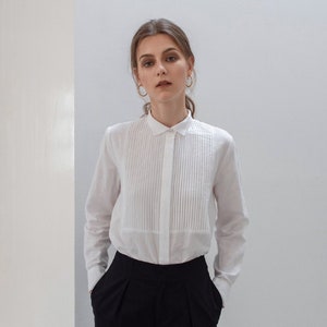Pleated Linen Shirt with Long Sleeves and Collar Neckline - White Linen Shirt with Cuff Sleeves